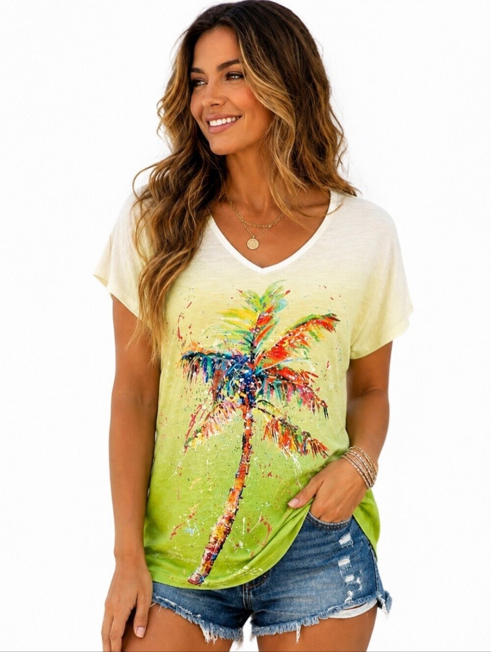 Leoma Lovegrove Petite Small Palm Tree Ombre V-Neck Bling Art Tee Beach Tropical